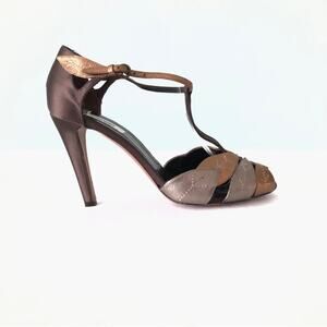 Moschino T Strap Metallic Leaf High Heel Shoe Approx. Size 9